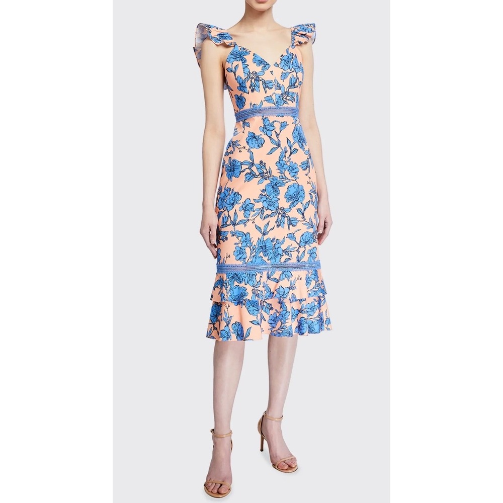Alice + Olivia Jade Ruffle Strap Floral Midi Dress Peach Blue Size 12 Party